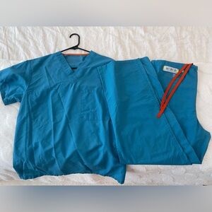 Blue Scrub Set with Orange Drawstring